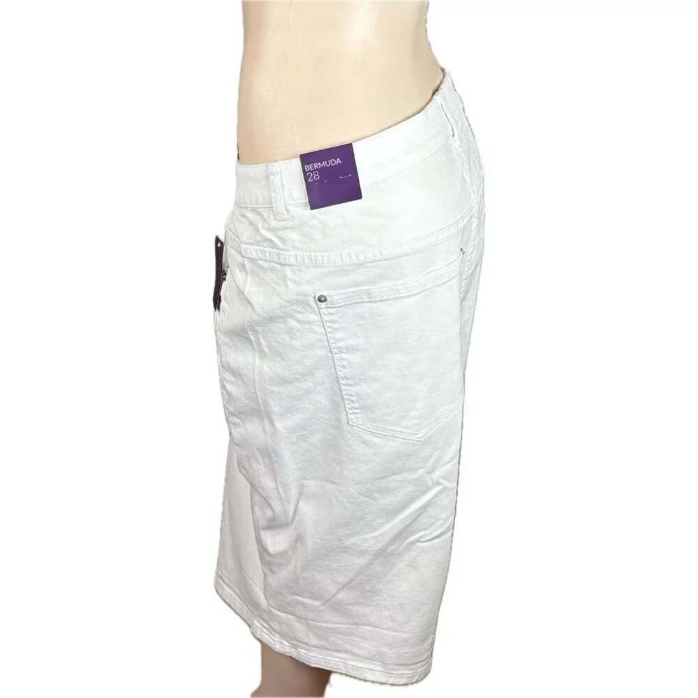 Venezia Lane Bryant +28 White Denim Button Zip 5 Pockets Bermuda Jean Shorts